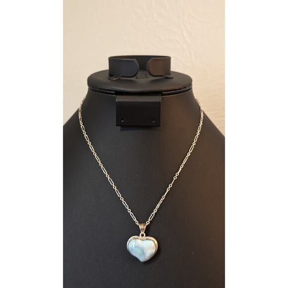 Vintage 925 Sterling Silver Genuine Larimar Abstract Heart Pendant 16" Necklace - Picture 1 of 8